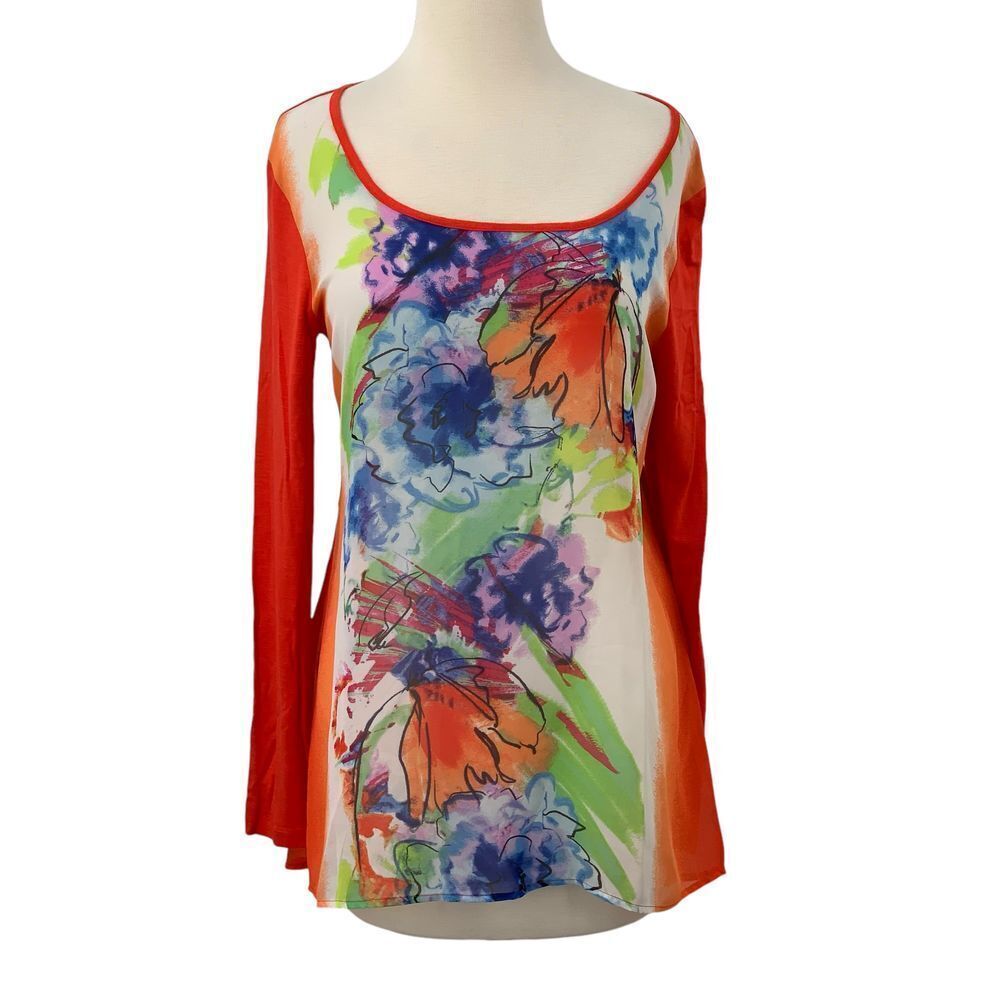 Miraclesuit Sheer Orange/Blue Watercolor Floral Chiffon Knit Cover Up Top Size M